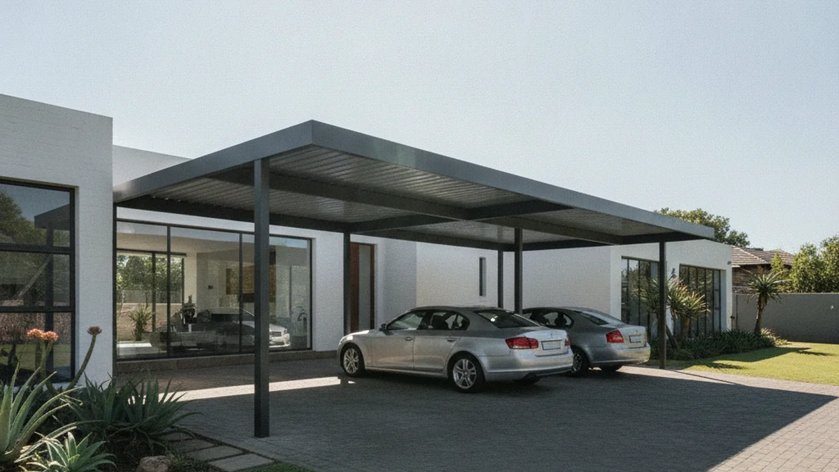 Modern powder-coated aluminium carport at an upmarket glass-fronted Pretoria East estate home