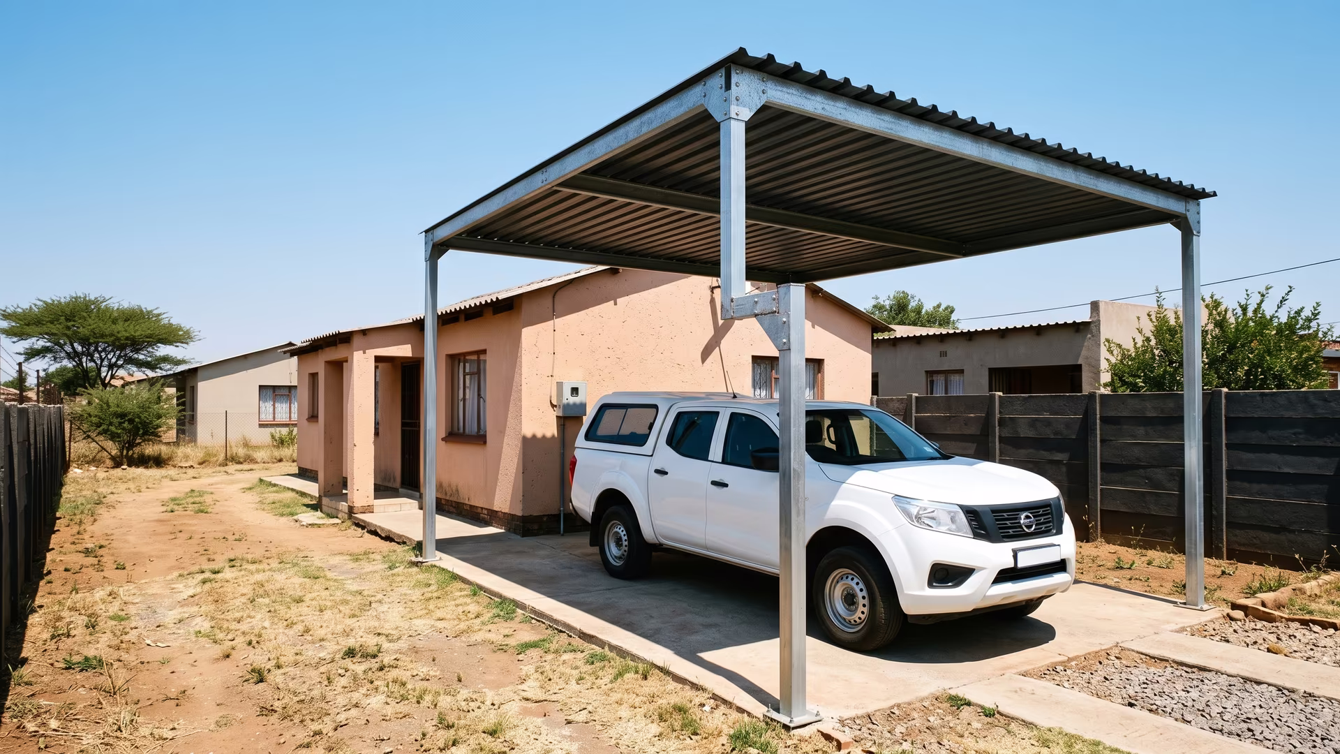High-clearance steel carport covering a canopied double-cab bakkie on a narrow driveway in Mamelodi