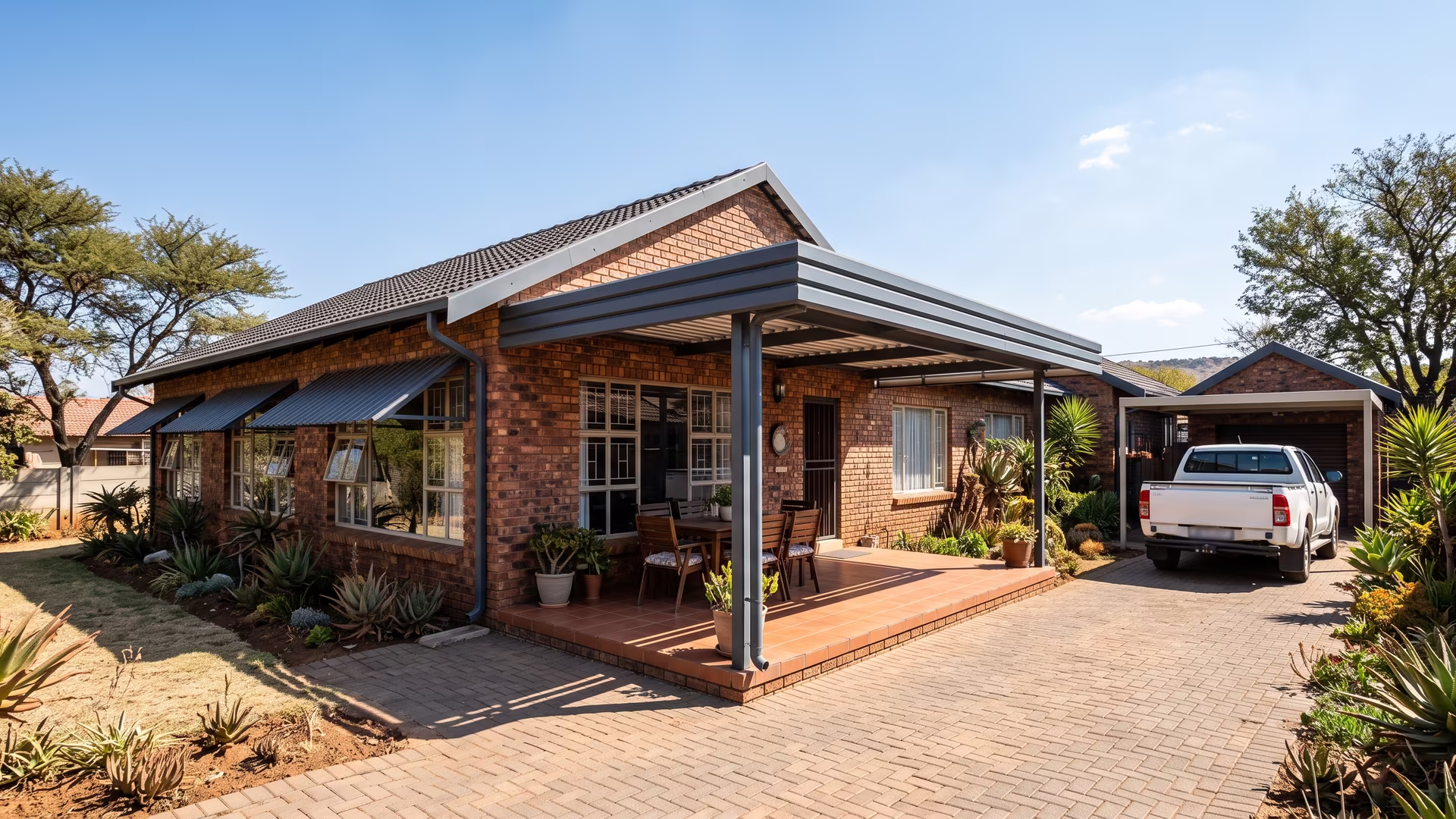 Metal window and patio awnings shading the north-facing windows of a face-brick Pretoria house in hard sun