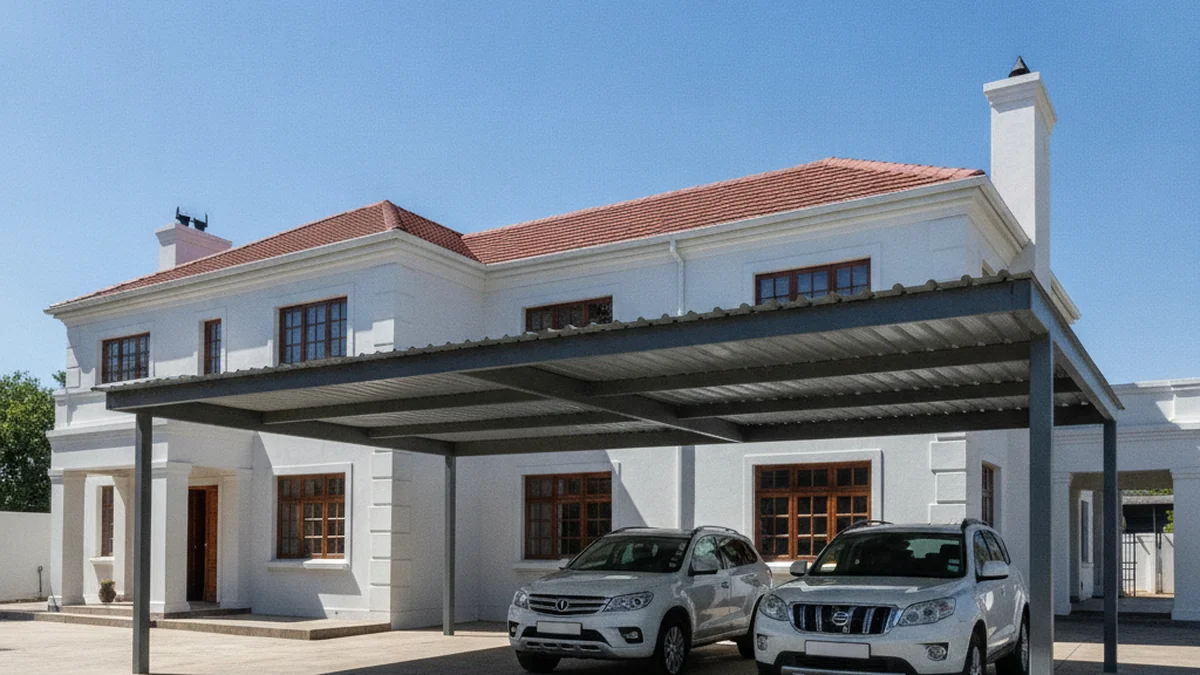 Pitched gable-roof steel carport matching the tiled roof of a Pretoria house under a clear sky