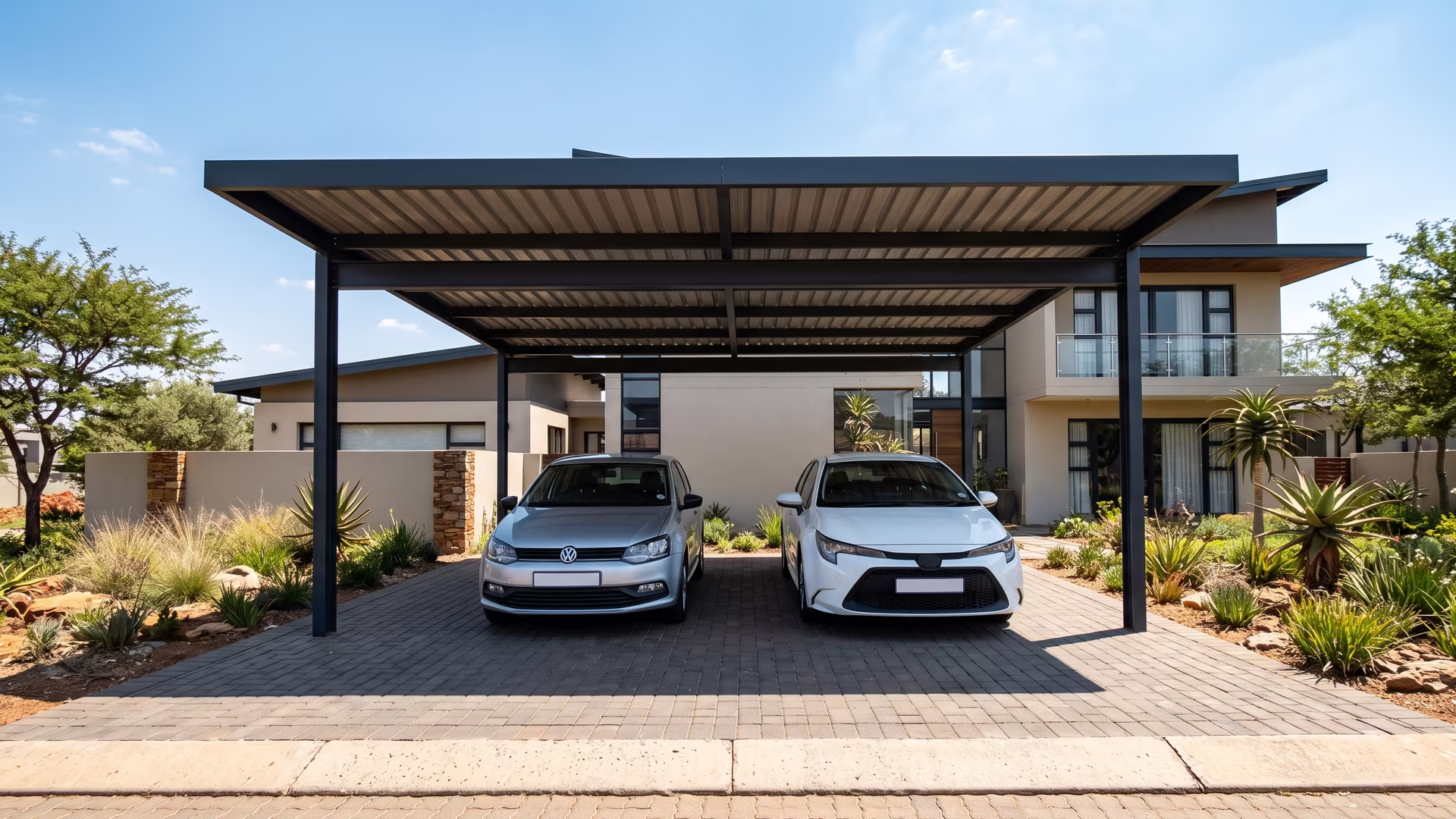 Six-metre steel double carport shading two cars side by side at a Pretoria East estate home
