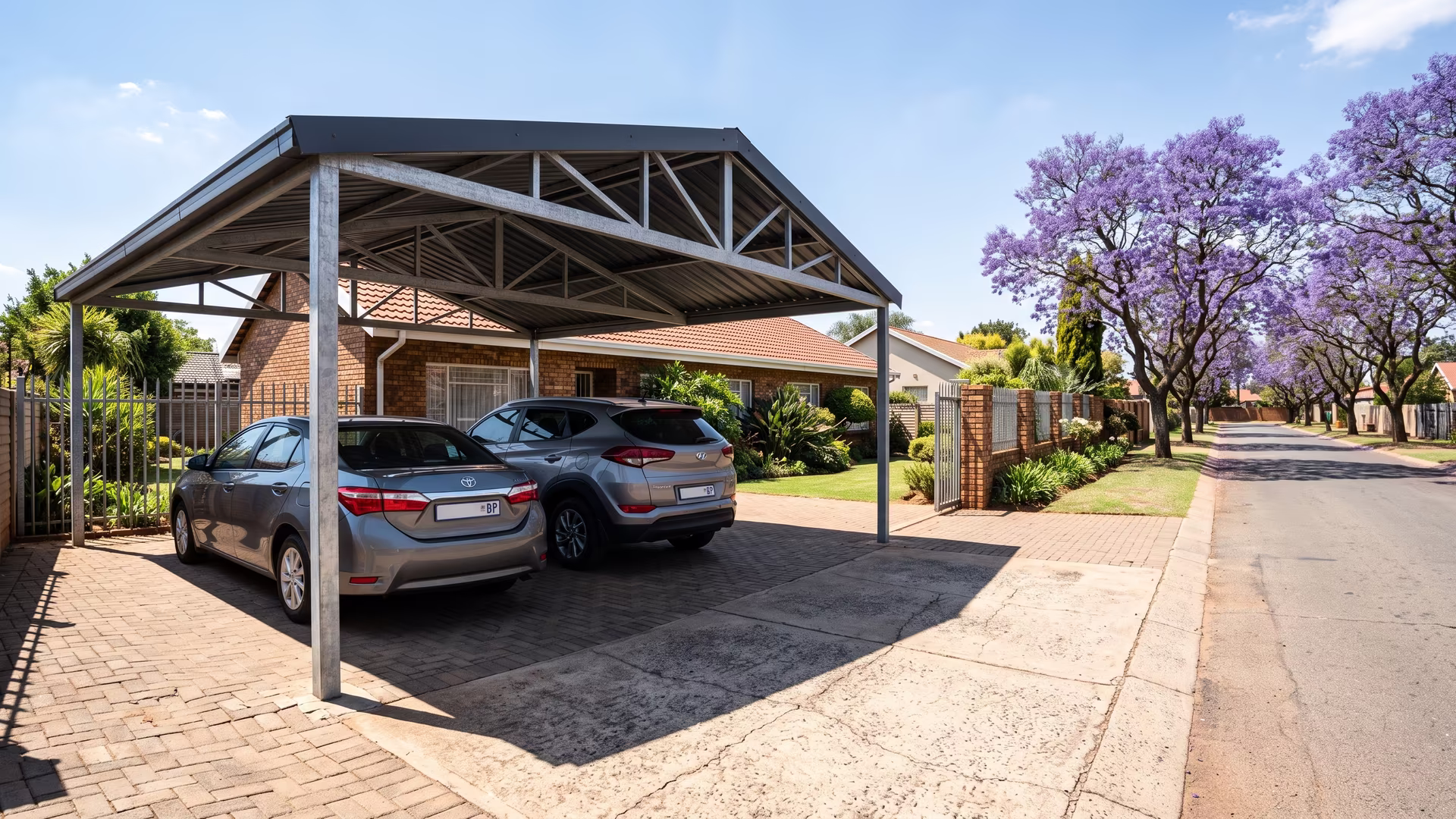 Galvanised steel double carport with a charcoal IBR roof shading two cars at a Pretoria home under bright Highveld sun and jacaranda trees