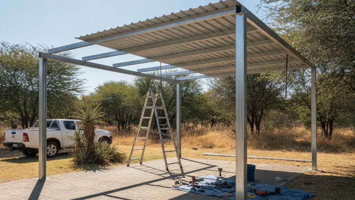 Galvanised steel carport frame part-way through installation on a sunlit Pretoria driveway