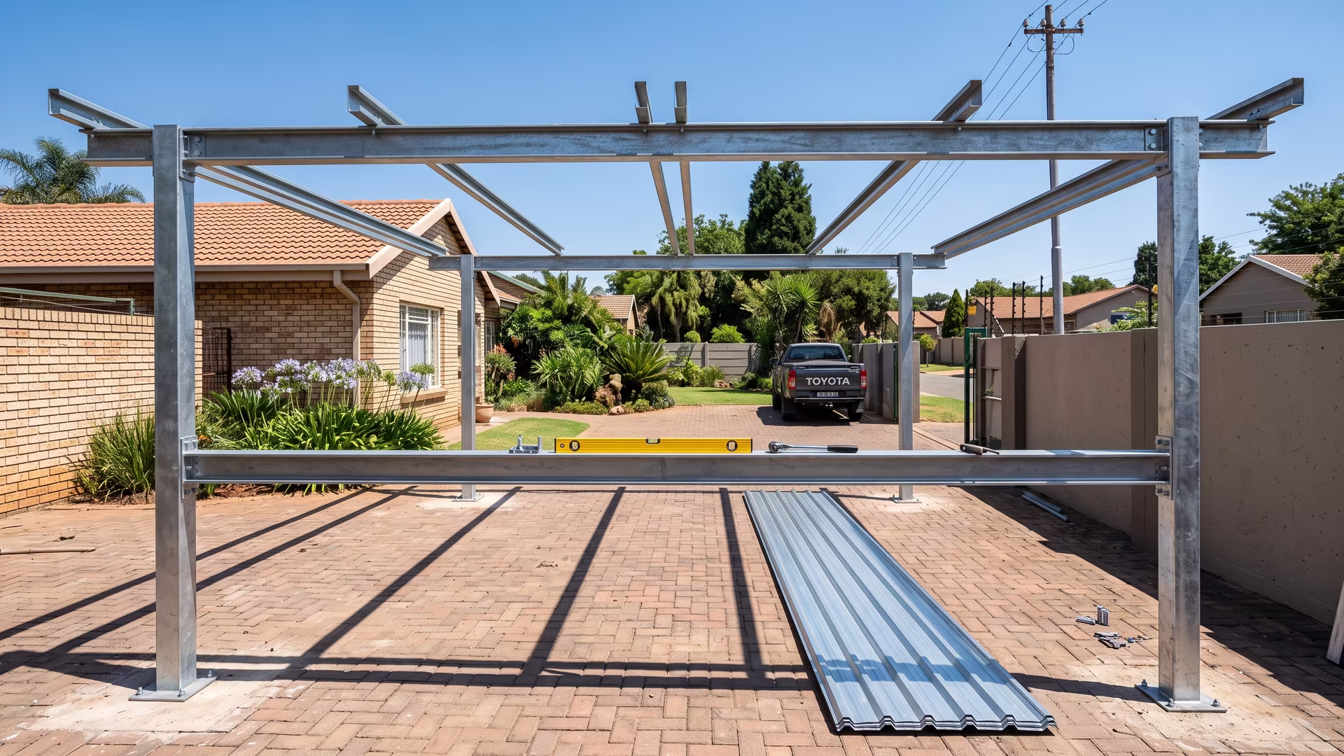 Installation crew levelling a galvanised steel carport frame on a residential driveway in Pretoria
