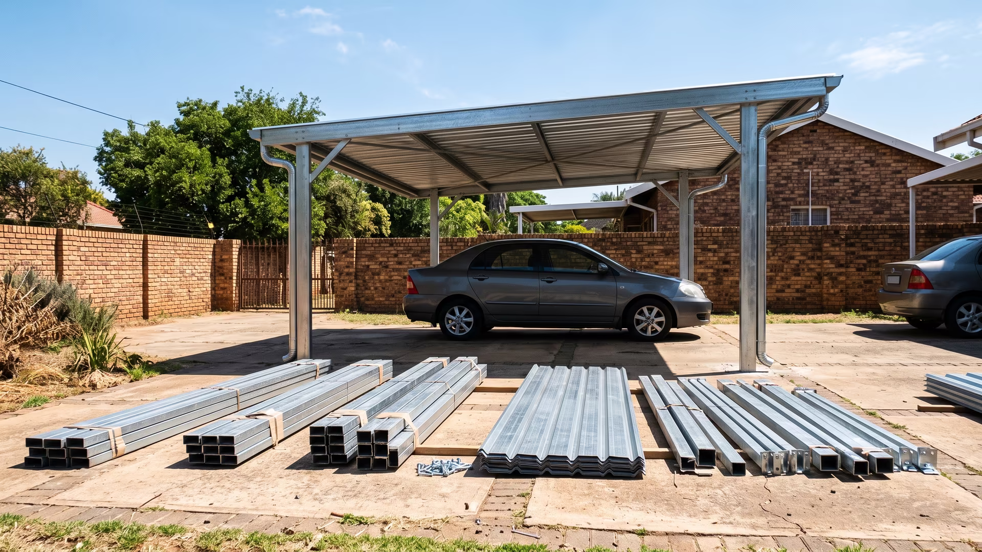 Flat-packed galvanised steel carport components and roof sheeting stacked on a driveway beside a finished erected carport