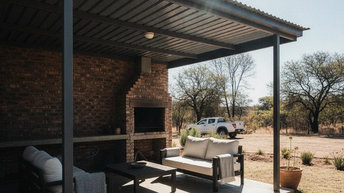 Covered patio with an IBR roof, outdoor furniture and a built-in braai shaded from the Pretoria sun