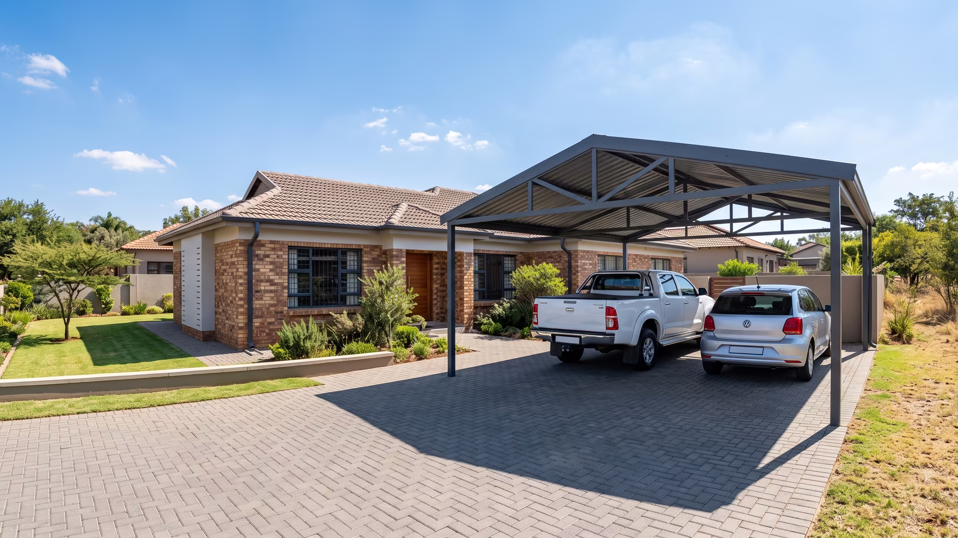 Freestanding steel double carport with an IBR roof in front of a face-brick Pretoria home in bright sun