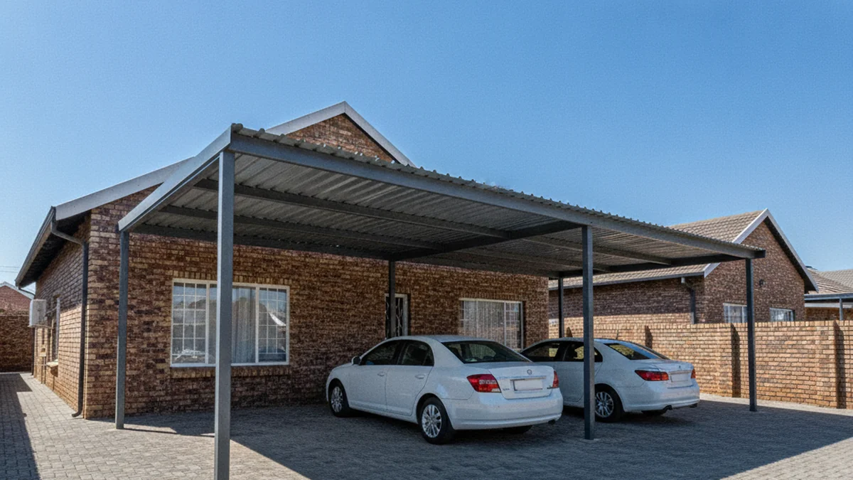 Freestanding steel double carport with an IBR roof in front of a face-brick Pretoria home in bright sun