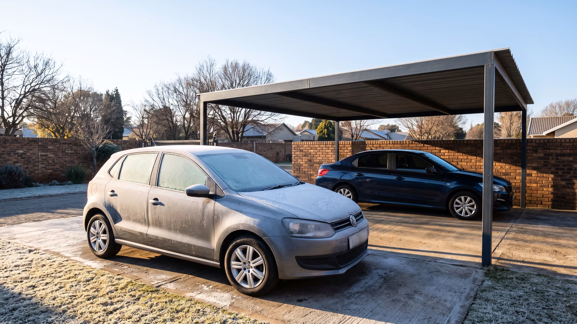 Winter morning with a frosted car parked in the open and a clear car parked under a solid-roofed carport behind it