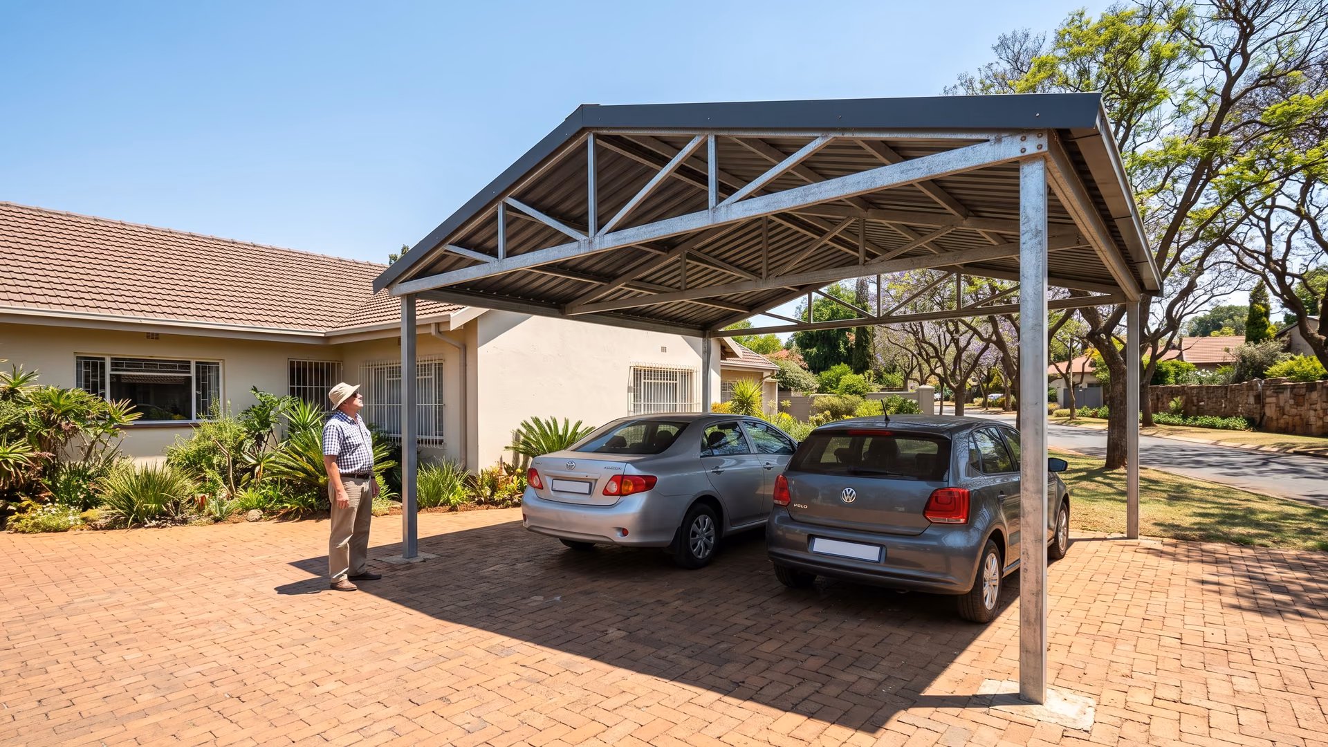 Homeowner looking up at the charcoal IBR roof of a galvanised steel double carport on a paved Pretoria driveway