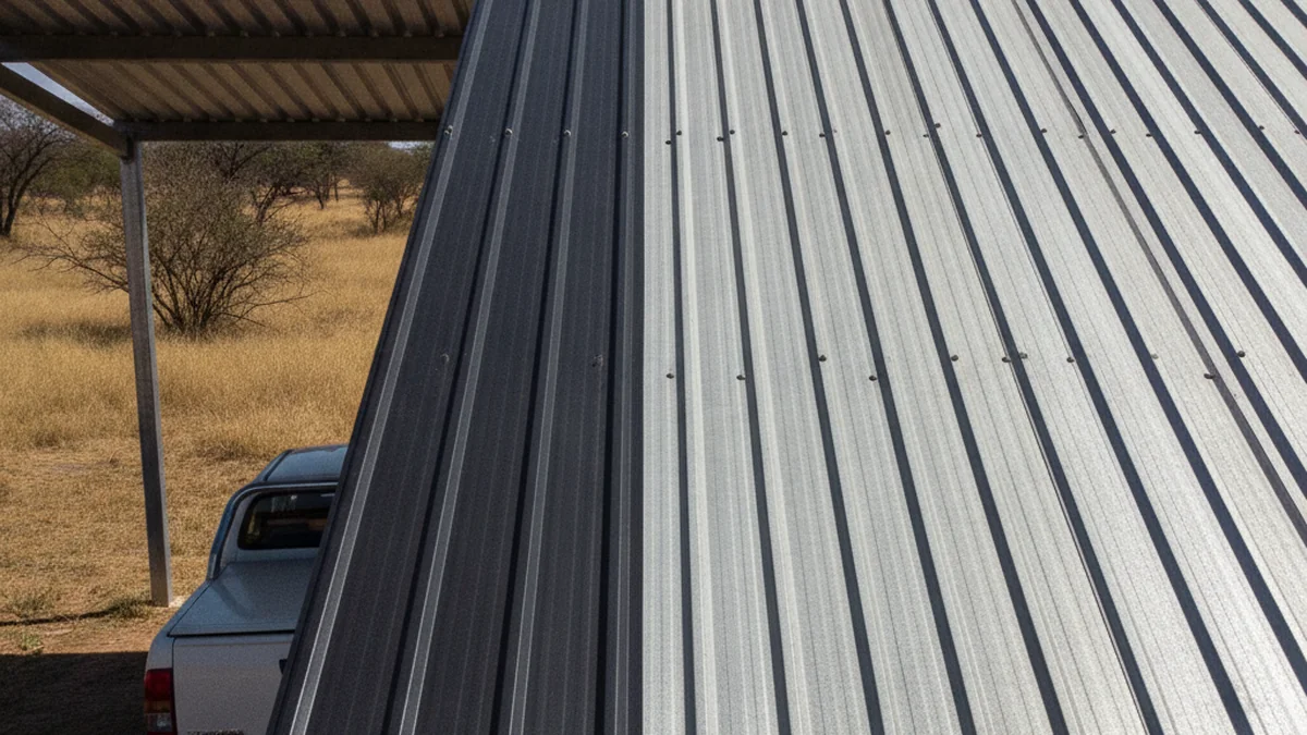 A new IBR roof sheet replacing an old sun-faded dented sheet on a steel carport