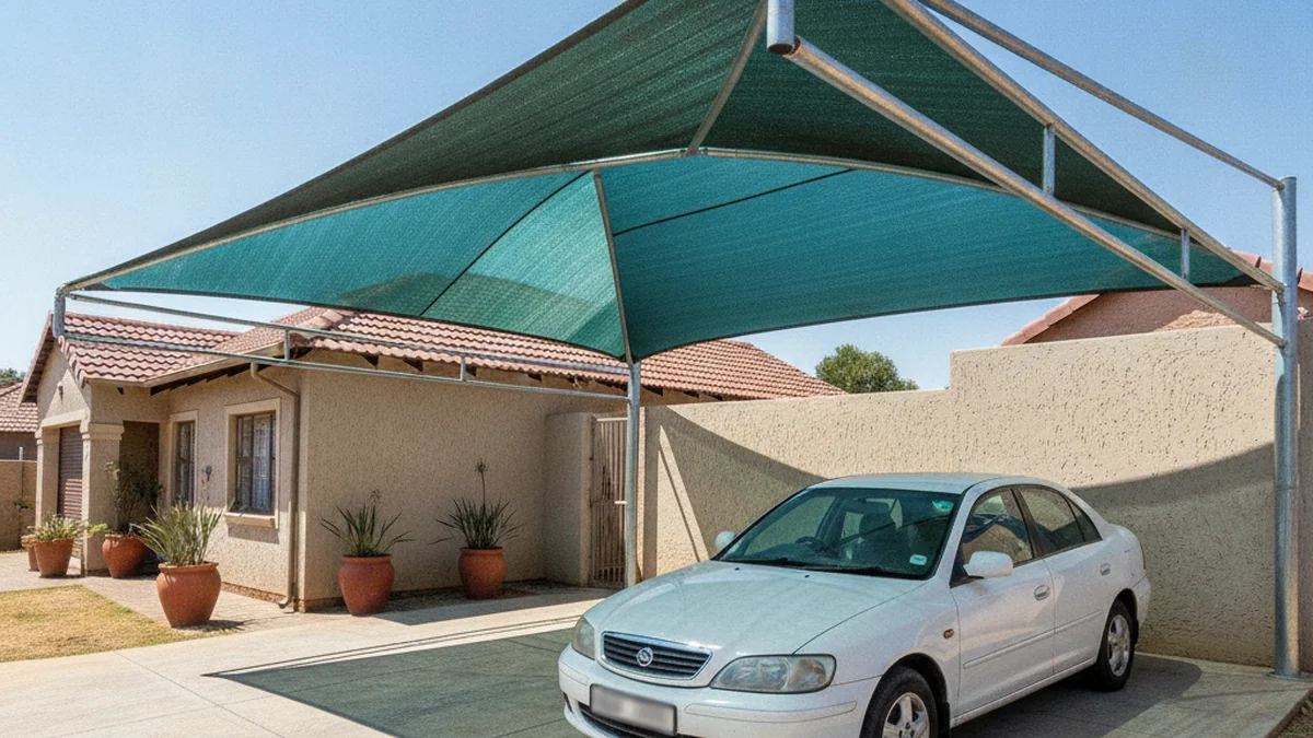 Shade-net shadeport with a dark green shade-cloth roof shading a car on a sunlit Pretoria driveway