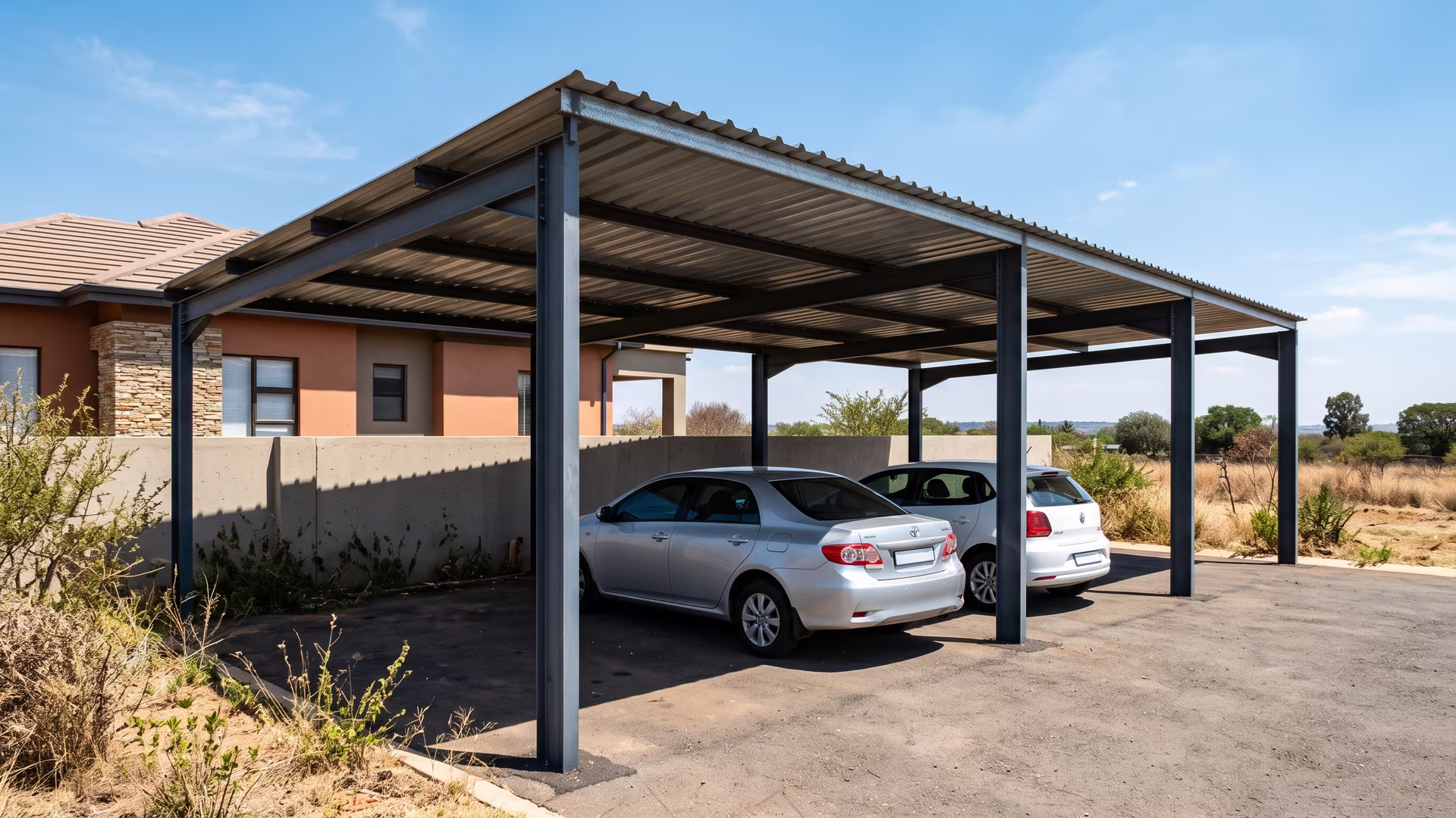 Side view of a double steel carport showing full depth and height with two cars parked in bright sun