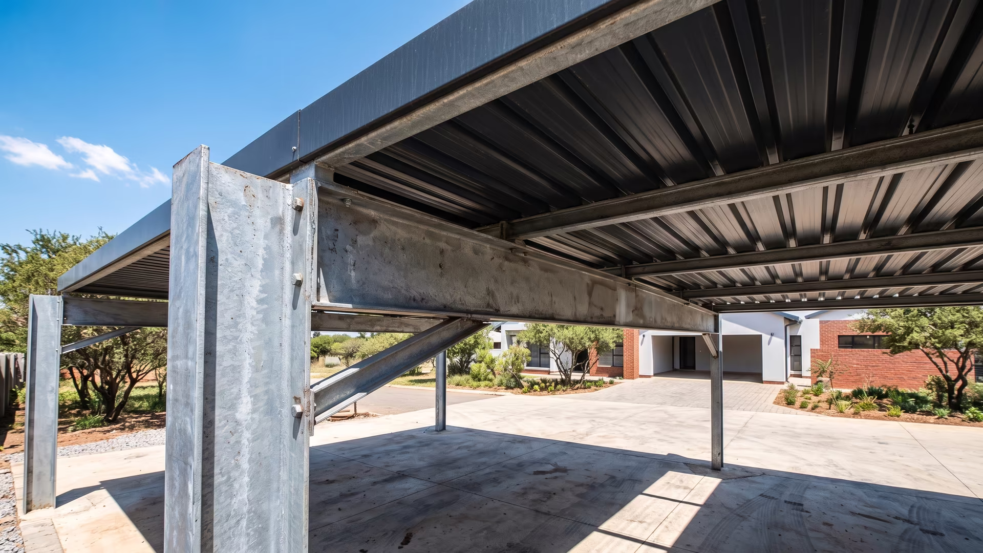 Close detail of a charcoal IBR steel carport roof and galvanised steel support posts in bright sun