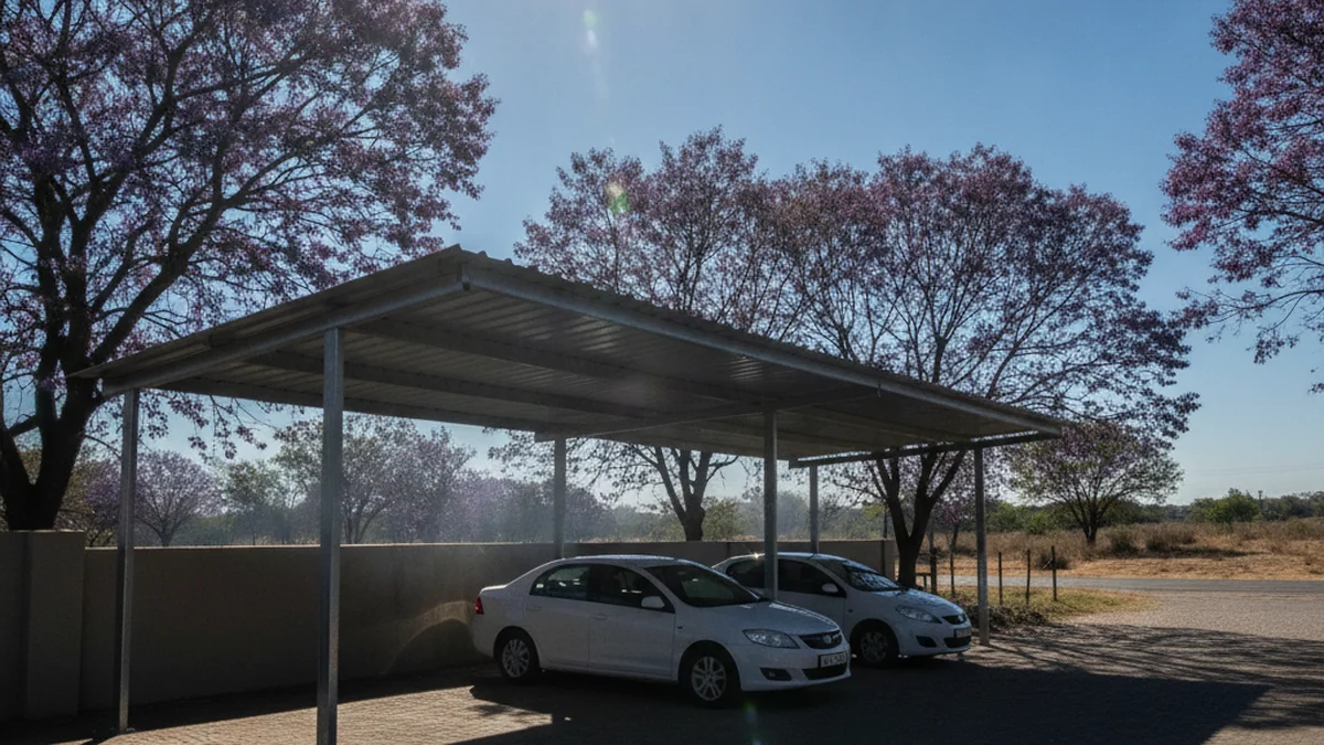 Steel carport with an IBR roof casting a dense shadow over two cars under a bright hot Pretoria sky with jacaranda trees