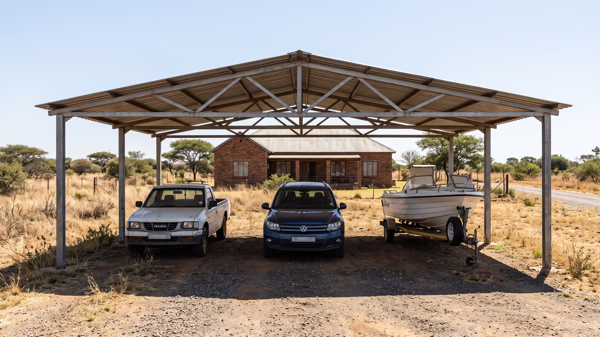 Wide four-bay steel carport on a Pretoria smallholding shading a bakkie, a car and a boat on a trailer